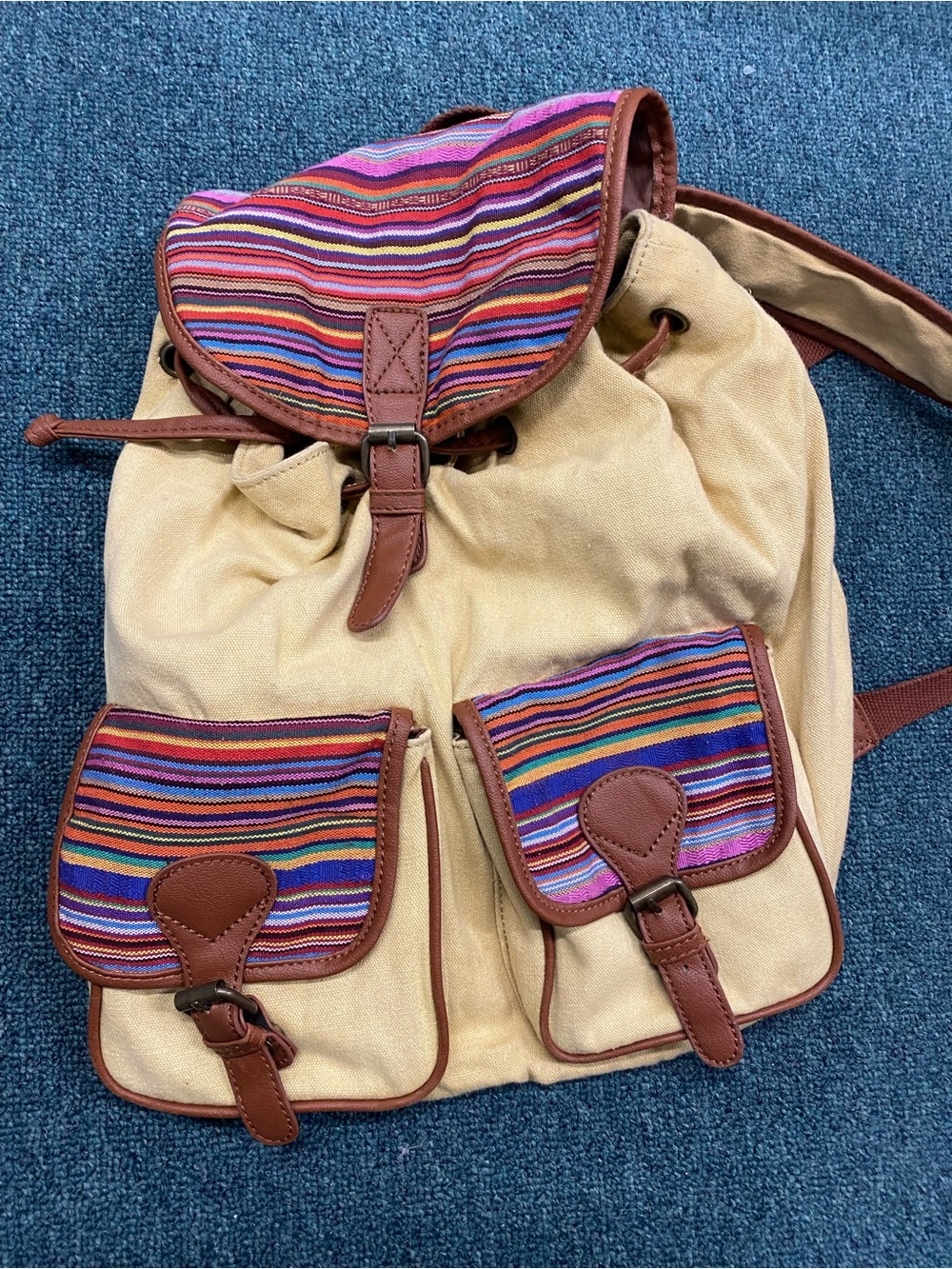 Mossimo Supply Co. Tan Canvas Backpack with Multicolor Stripe Flaps
